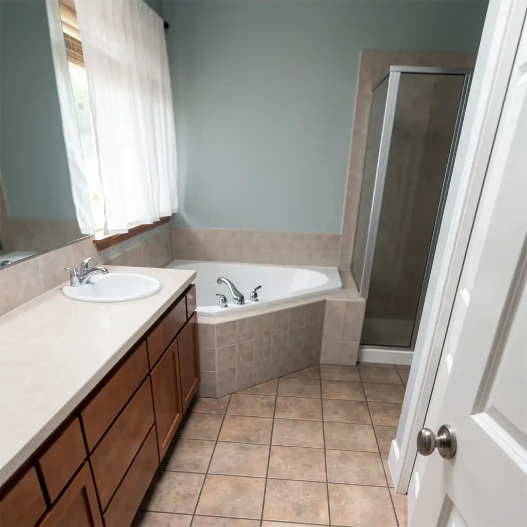 photorealistic indoor bathroom scene featuring a spacious, neutrally lit master bath with muted sage-gray walls, beige tiled flooring and bathtub surround, a large corner soaking tub with chrome faucet fixtures, a long wooden vanity with white countertop and sink, a framed mirror above the vanity reflecting the window with sheer white curtains, a sliding glass shower enclosure to the right, and a white door with silver doorknob partially open in the foreground, captured from a low-angle perspective looking into the room through the doorway, with soft natural light filtering through the window