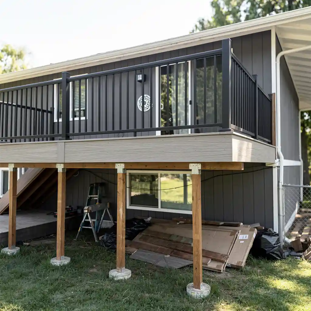 outdoor construction scene featuring a modern elevated wooden deck with dark gray horizontal siding house in background, black metal railings installed along the deck’s perimeter, four light brown wooden support posts anchored in concrete bases beneath the deck, visible debris including cardboard boxes and black trash bags scattered on grassy ground near foundation, ladder positioned under deck structure, large sliding glass door with decorative circular cutout on house facade, chain-link fence to right, trees and bright daylight lighting