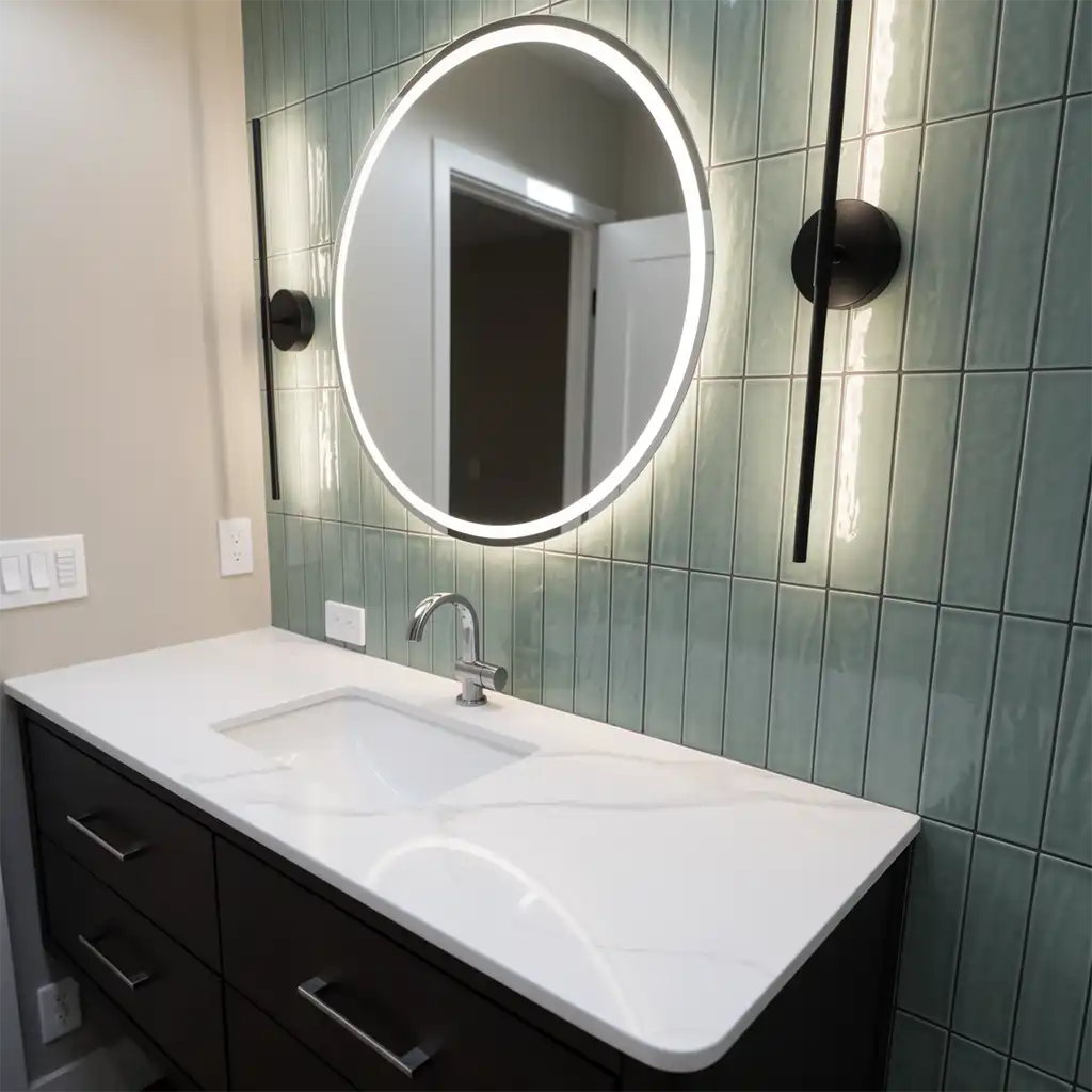 modern minimalist bathroom interior featuring a sleek white marble countertop with an integrated rectangular sink, a contemporary chrome faucet, and a large circular LED-backlit mirror mounted on a wall of vertically arranged matte sage-green ceramic tiles; flanked by two black cylindrical wall sconces with flat circular bases, dark wood vanity cabinet with three drawers and brushed metal handles, off-white walls with visible electrical outlets and switches, soft ambient lighting from the mirror’s illumination creating a clean, cool-toned atmosphere